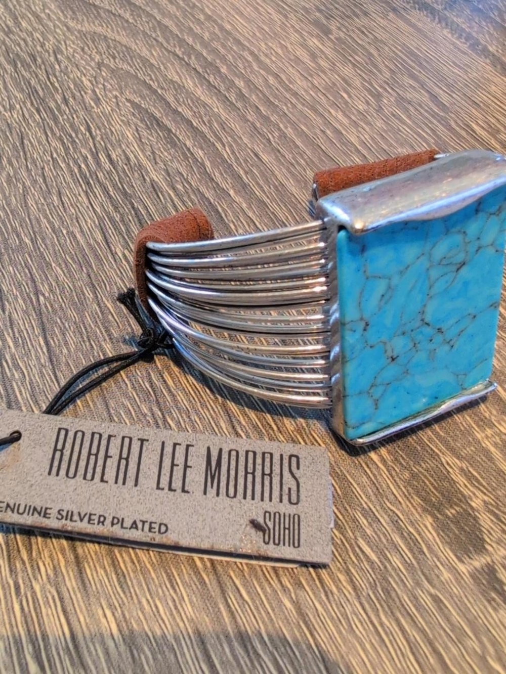 NWT Robert Lee Morris Blue Turquoise Square Stone Silver-Plated Cuff Bracelet